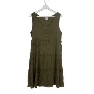 Naif Tiered Crinkle Mini Dress Large A Line Olive Green Ruffled Sleeveless Boho